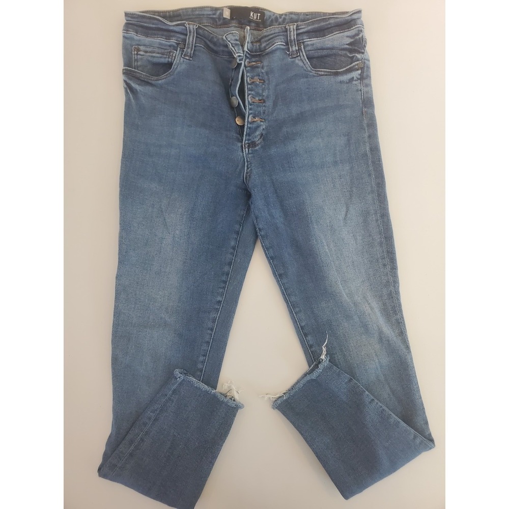 Kut from the Kloth Connie High Rise Ankle Skinny Jean Blue Button Fly Raw Hem 12